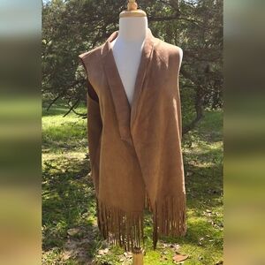 Boho Fringe Faux Suede Vest Plus Size 3XL Brown Open Front